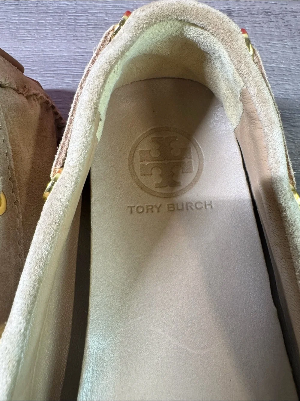 Tory Burch Alexandra Split Suede Fringe Moccasins with Gold Logo loafers sz8